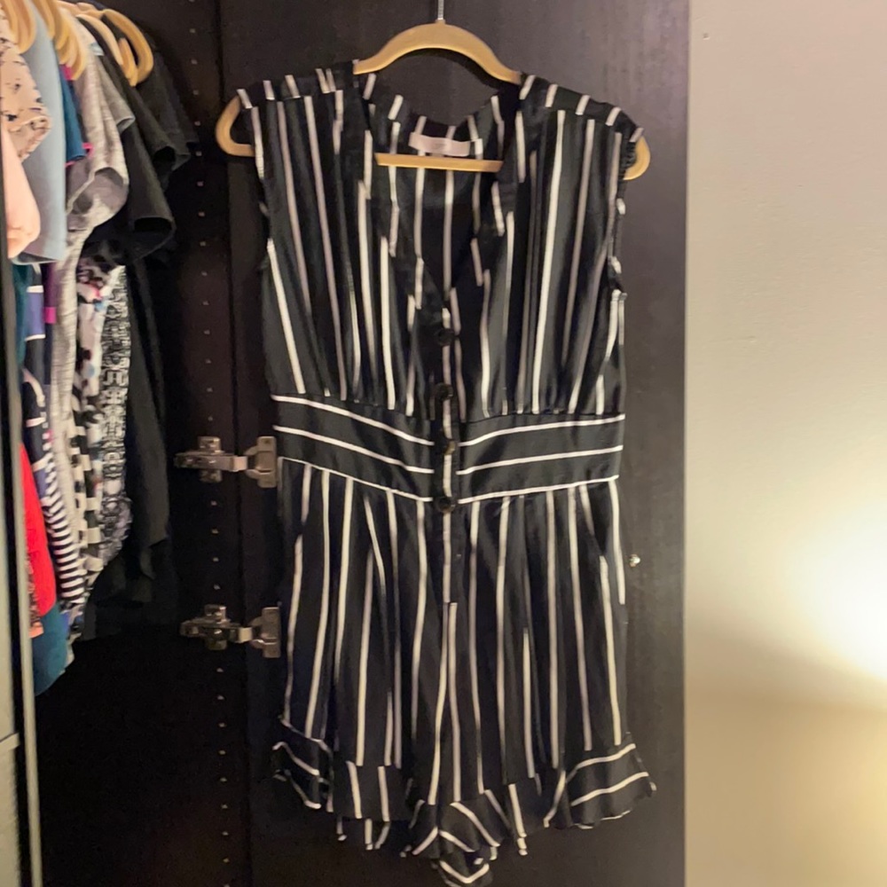 COPY - LOFT button down romper with ruffle hem